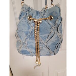 Light Denim BOHO Hippie Bucket Handbag Chain Strap Pearls Distressed Y2K Chic